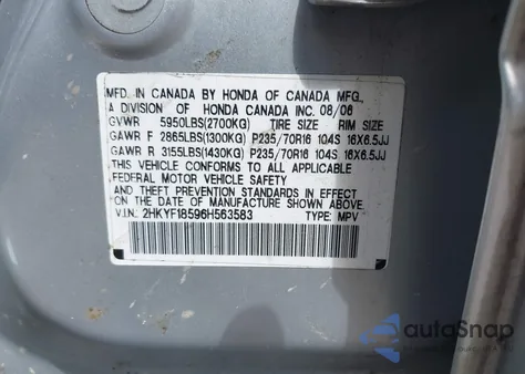 2006 Honda Pilot Ex-L из США, поврежденный, VIN 2HKYF18596H563583